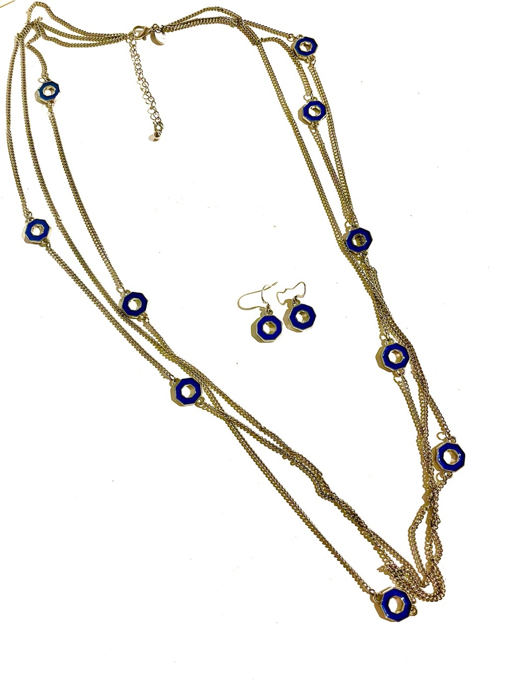 Silver & Blue Colored Multi-Strand Necklace and Earrings Set - Women Jewelry